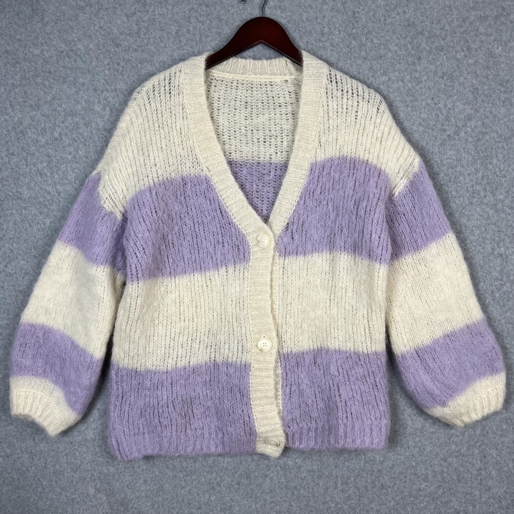 Other Stories Cream Lavender Striped Fuzzy Wool Alpaca Blend Cardigan Sweater  S